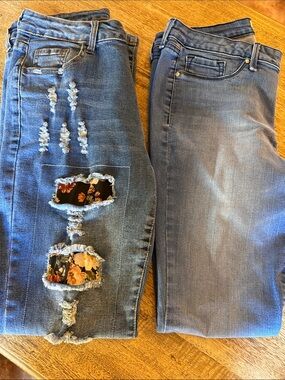 2 pairs - 1 is Jessica Simpson Distressed Skinny Jeans 2 is SHEIN floral patch